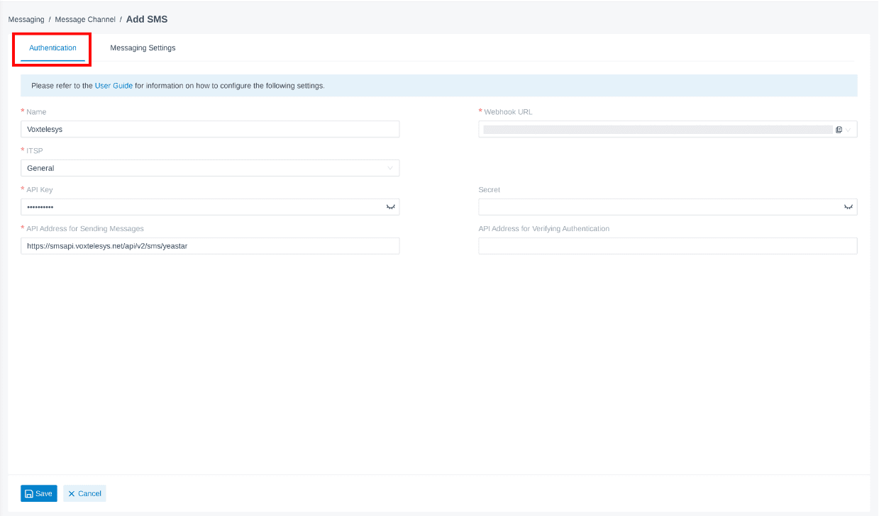 options to configure the yeastar messaging channel
