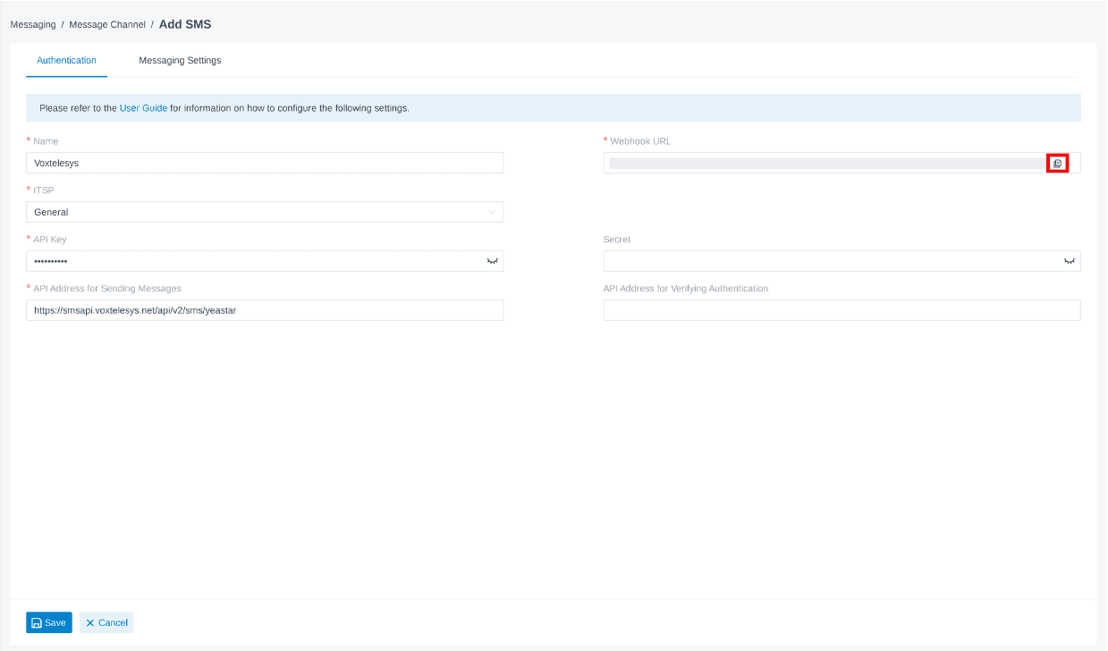 copying the webhook url in the yeastar portal