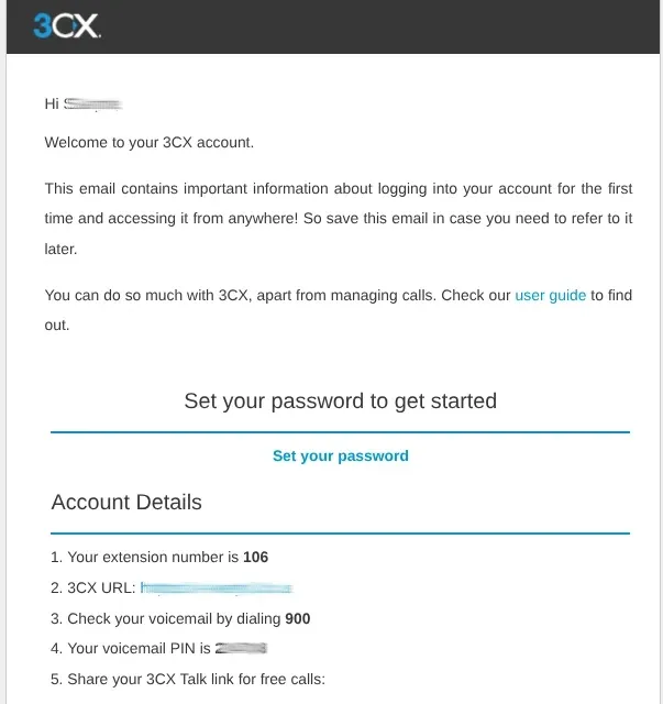 3CX welcome email