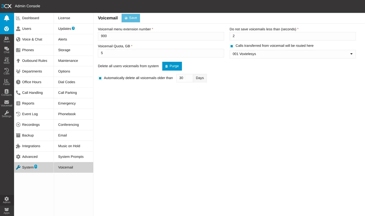 system tab in the 3CX Admin console