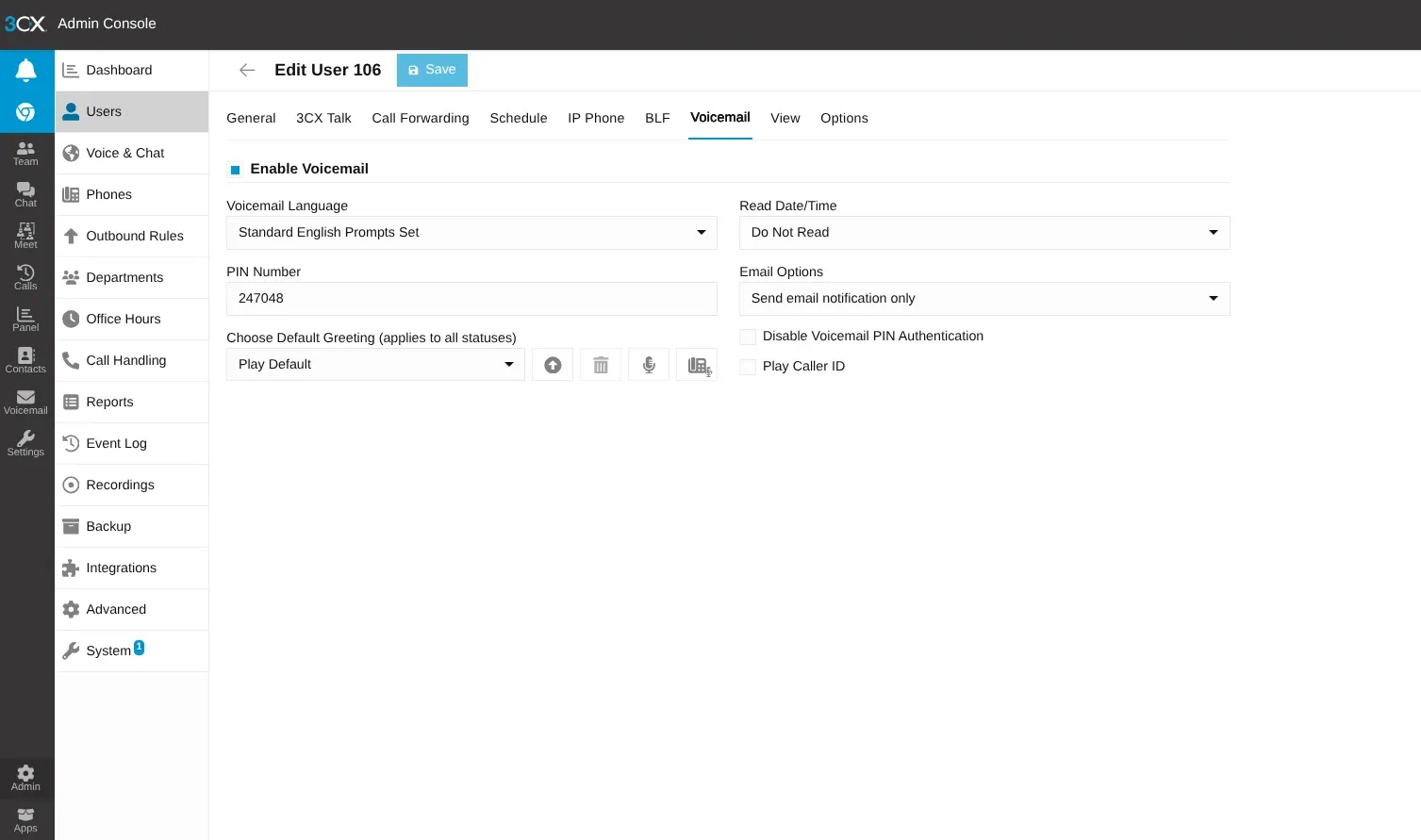 user tab in the 3CX Admin console