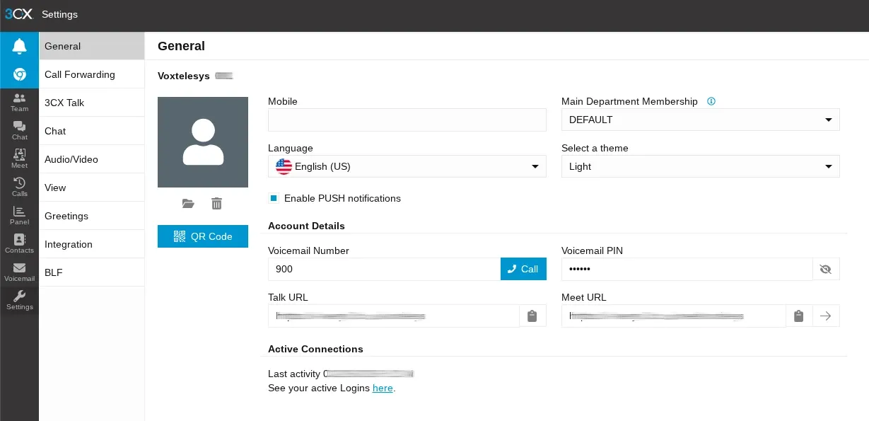 General tab in the 3CX user settings