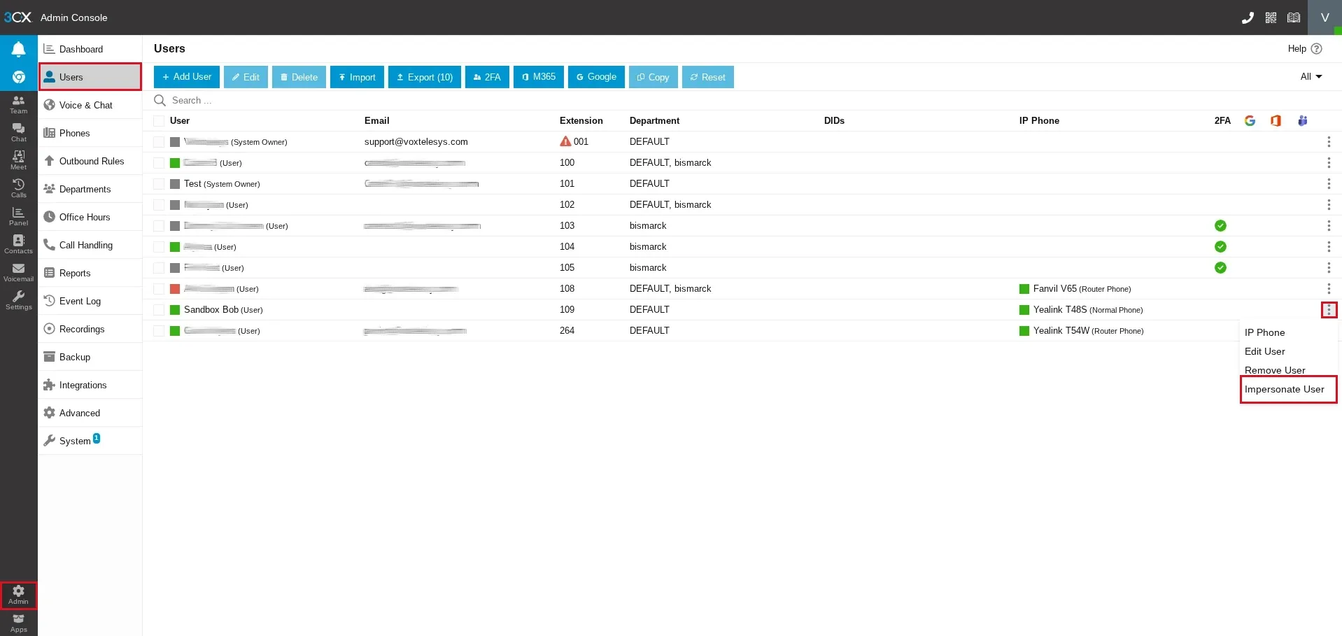 3CX admin console users page