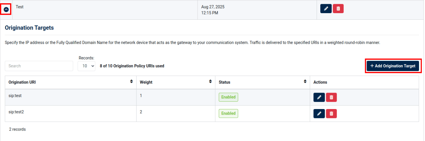 add origination target button in origination policy drop-down