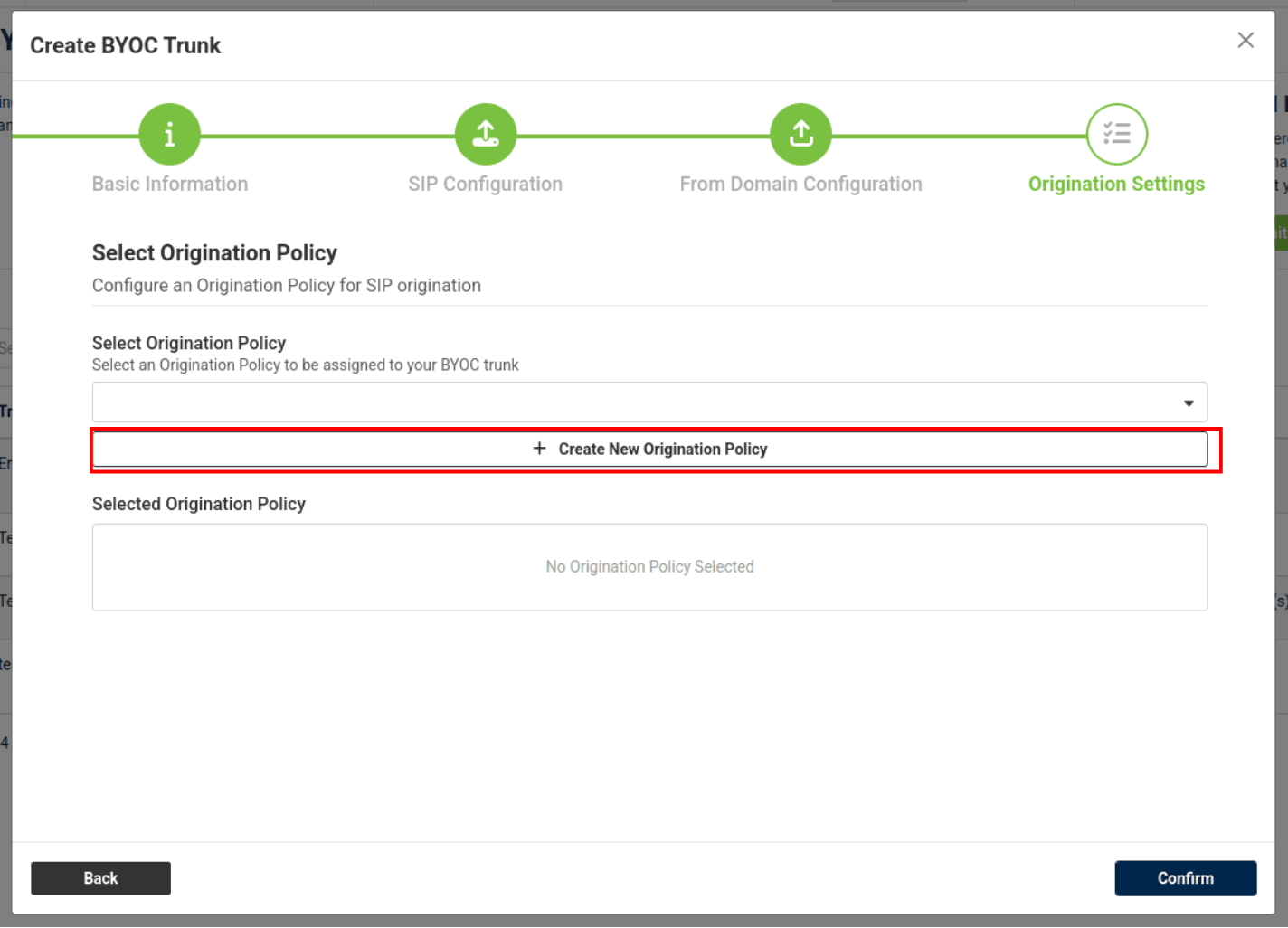 create origination policy button