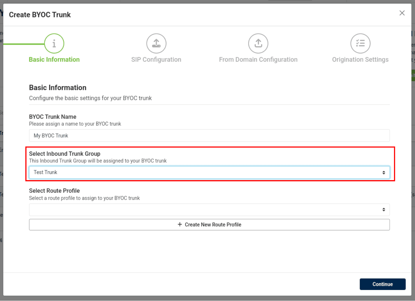 inbound trunk group drop-down